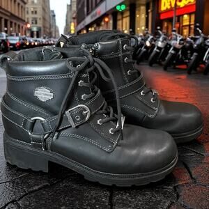 Women's HARLEY-DAVIDSON Tegan Black Side Zip Lace Up Motorcycle Boots EUC